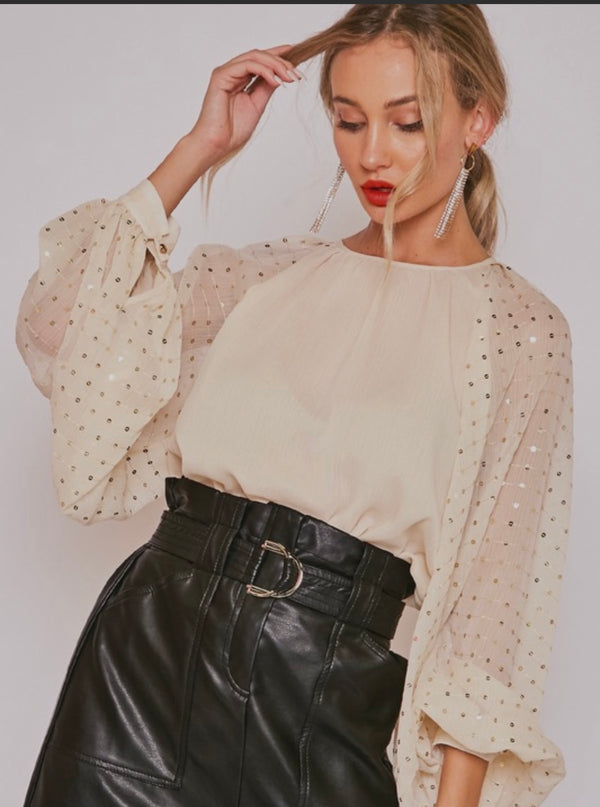 Sequin Long Balloon Sleeve Crinkle Cut Chiffon Blouse styled with high-waisted leather skirt, perfect for women’s boutique.