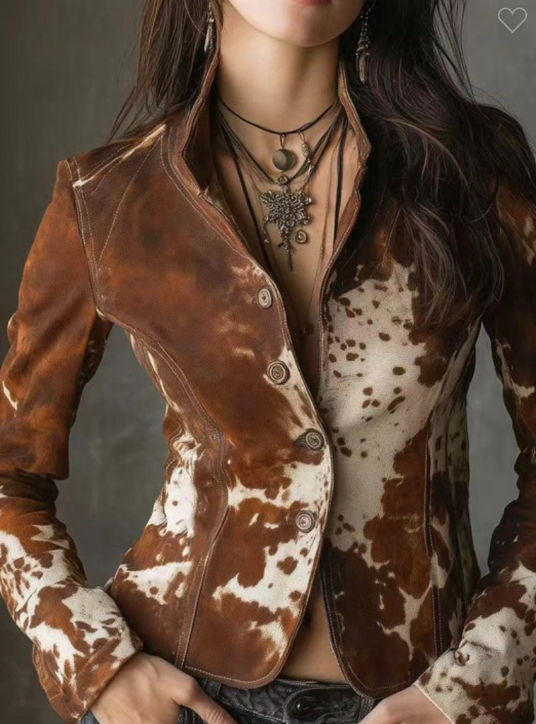 Western Cow Print Button-Up Slim-Fit Blazer Jacket for women’s boutique fashion, trendy ladies tops, stylish women’s dresses.