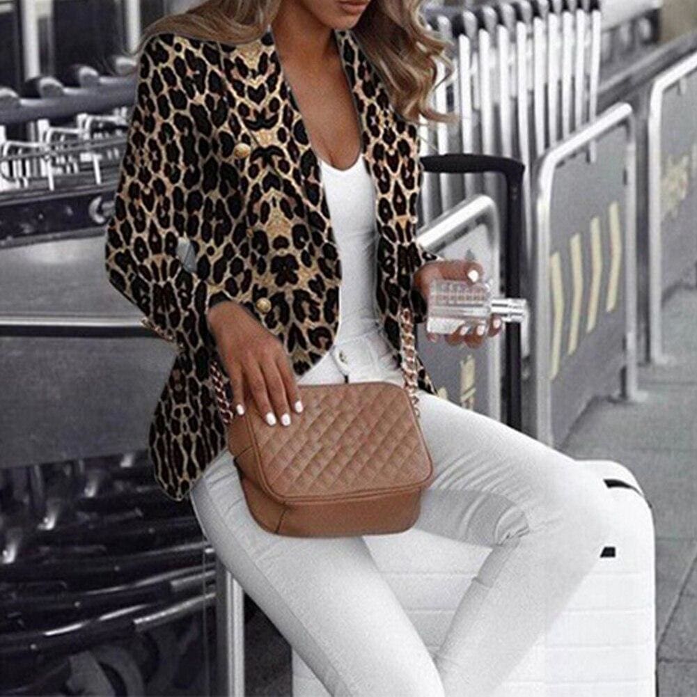 Women Long Sleeve Slim Fit Blazer Leopard Suit Business Coat Jacket